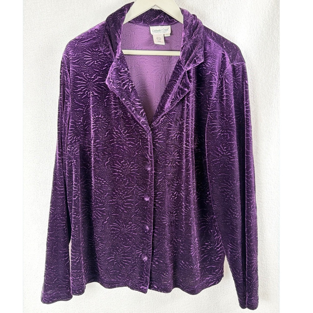 Coldwater Creek Purple Crushed Velvet Button Front Shirt Shacket Jacket Sz L